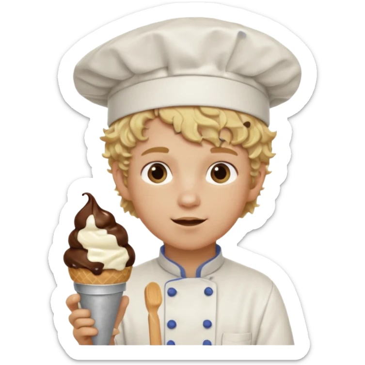 boy blonde curly hair, chef, eating chocolate ice cream sticker