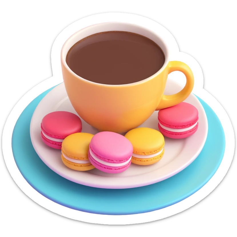 A cup of coffee on a plate with colorful macarons, in 3D iOS emoji style, soft gradients, glossy finish, no background. sticker
