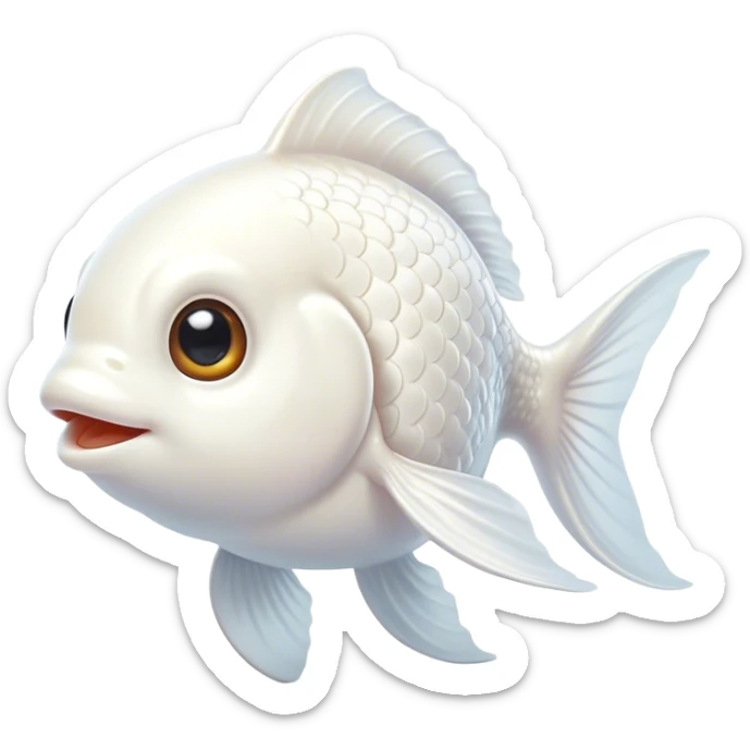 Cinematic Cute White Goldfish Portrait Emoji, Head tilted playfully and inquisitively, featuring a glossy, pure white body with delicate, shimmering scales and round, sparkling pale eyes filled with curiosity, Simplified yet irresistibly adorable features, highly detailed, glowing with a warm, friendly glow, high shine, affectionate and lively, stylized with a touch of whimsy, bright and endearing, soft glowing outline, capturing the essence of a mischievous yet loving goldfish, so playful it feels like it could swim out of the screen and into your heart! sticker