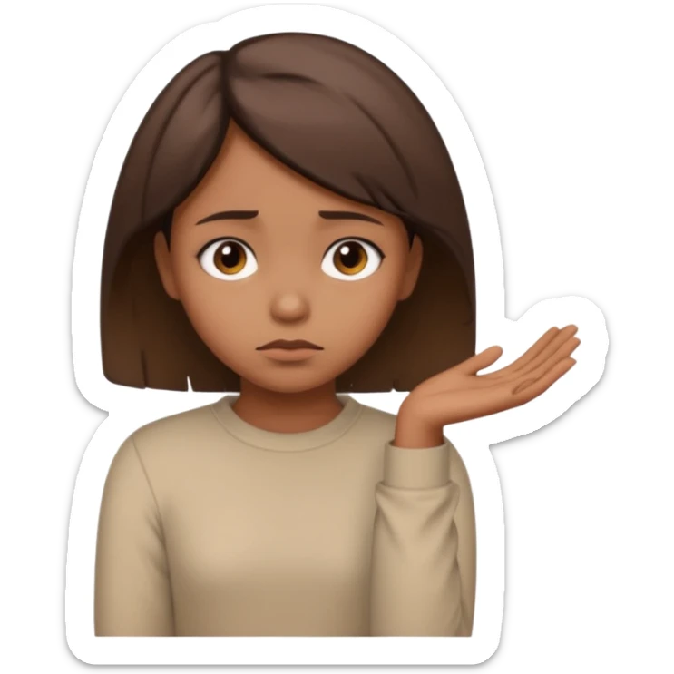 a brown girl with short brown hair wearing a beige full sleeve and looking sad sticker