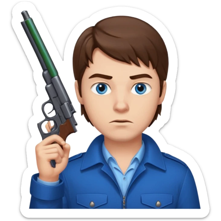 guy w medium long brown hair and blue eyes with gun pointed up at his chin sticker