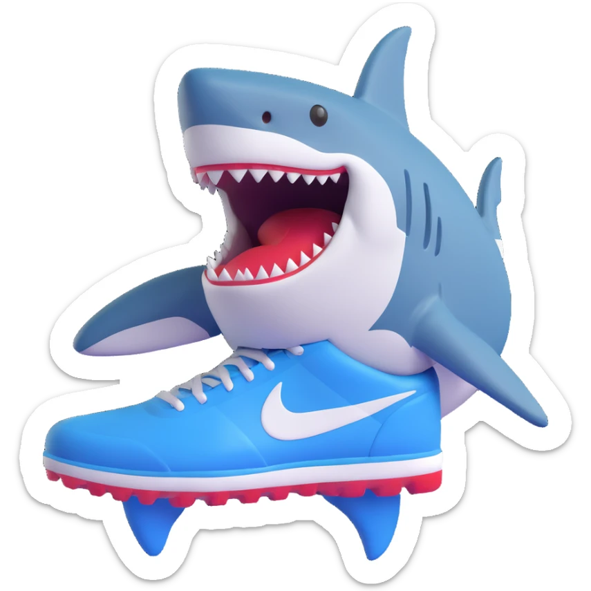 Tralalero Tralala, an Italian Brainrot character: a great white shark with three legs, wearing blue Nike shoes, 3D emoji style sticker