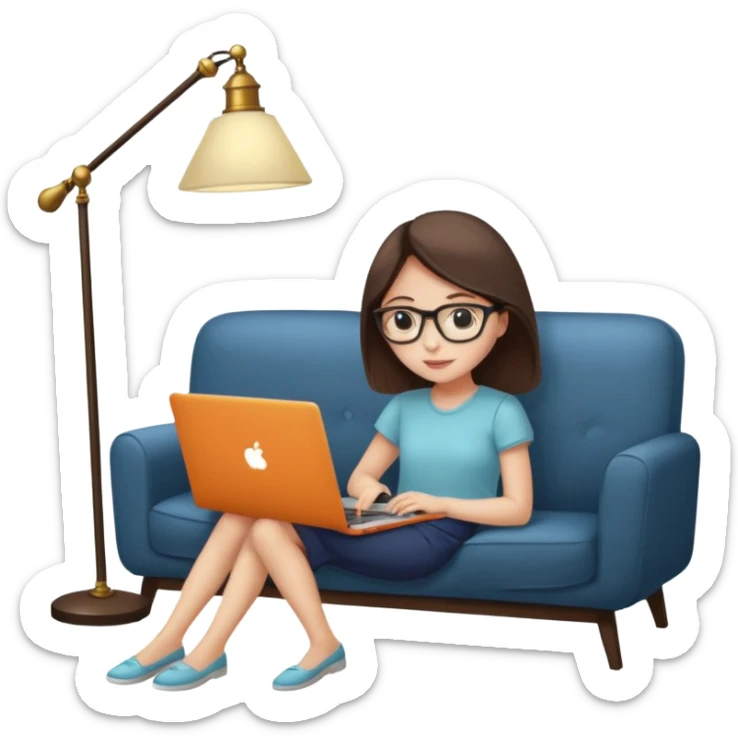 A girl is working with a laptop while lying on a sofa, with a floor lamp to the right. sticker