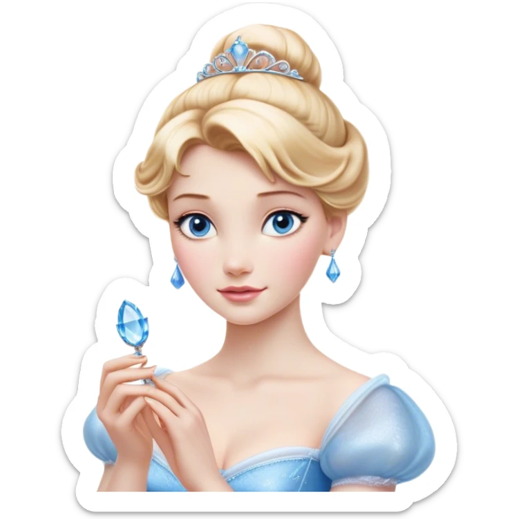 Cinematic Realistic Cinderella Portrait, depicted with lifelike skin texture, subtle rosy undertones, and soft natural lighting that enhances the gentle contours of her face. Her intricately detailed golden blonde hair is elegantly styled in an updo, with delicate wisps framing her face. Her deep, expressive blue eyes radiate warmth and sincerity, reflecting a quiet resilience and grace. She holds a glass slipper gently in one hand, her other hand resting gracefully at her side, emphasizing the timeless beauty of the moment. She is dressed in her iconic ball gown, the fabric shimmering with intricate embroidery and fine translucent layers that catch the light beautifully. The soft sheen of satin gloves adds a magical touch to her graceful pose. The portrait features an enchanting glow with a natural, luminous finish, seamlessly blending realism and fairytale charm to evoke a sense of depth, elegance, and timeless beauty. sticker