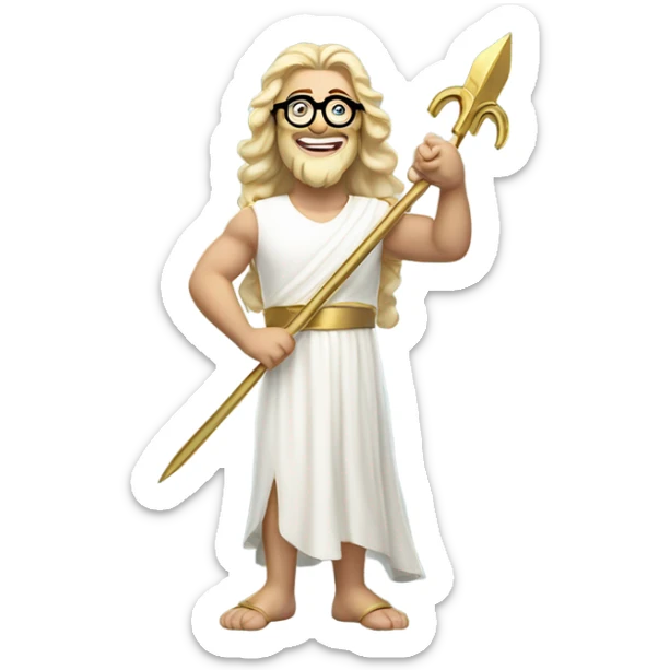 white Poseidon with gold Trident and nerd glasses. long hair white dress. smile . wink. pointing us sticker