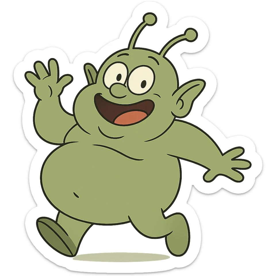 cartoonish fat Martian with green skin and antennae, in a playful pose sticker