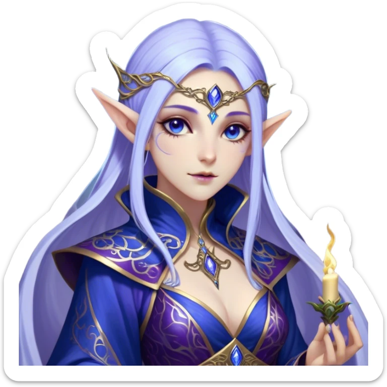 Cinematic Realistic WoW Elf Mage Portrait, depicted with ethereal, otherworldly beauty and refined arcane mastery. Clad in an intricately detailed robe in consistent deep blues and purples accented with shimmering gold filigree, her luminous, porcelain-like skin and delicate features evoke timeless elegance. Her piercing, mystical eyes radiate ancient wisdom, rendered with lifelike texture and subtle, magical lighting, high shine, noble and majestic, capturing the essence of a legendary elven sorceress. sticker