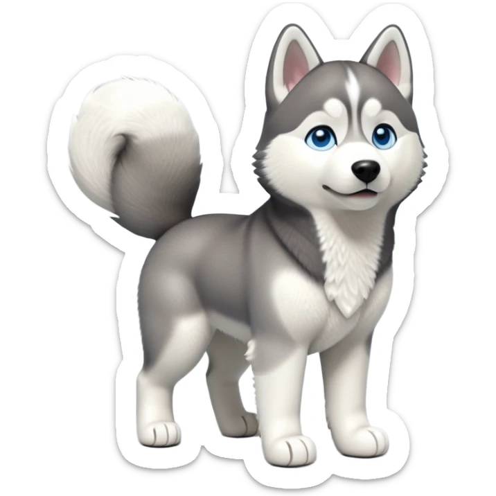 cinematic-[siberian husky]-realistic-full-body-standing-emoji,-tail-resting-loosely-beside-its-paws,blue eyes-head-tilted-dramatically, -fluffy-[grey and white]-fur,-simplified-yet-realistic-focused-features,-highly-detailed,-glowing-with-an-almost-sarcastic-glow sticker