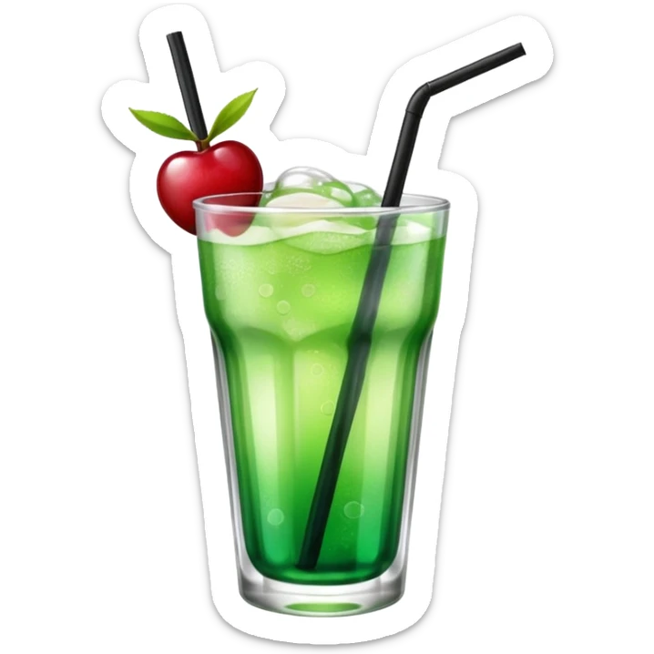 Create an emoji with a clear rounded glass, bright transparent green soda with fine bubbles, a smooth vanilla scoop, a glossy red cherry, and a black straw, using vibrant colors, soft shading, and clear glass highlights.
 sticker
