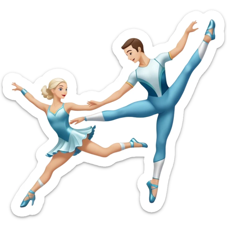 Icon for Sports Dance: a white men and women in competitive attire performing a synchronized dance with acrobatic moves, dance shoes, a rhythmic floor, and a competition backdrop. The icon should capture athleticism, technique, and acrobatic precision. Transparent background. sticker