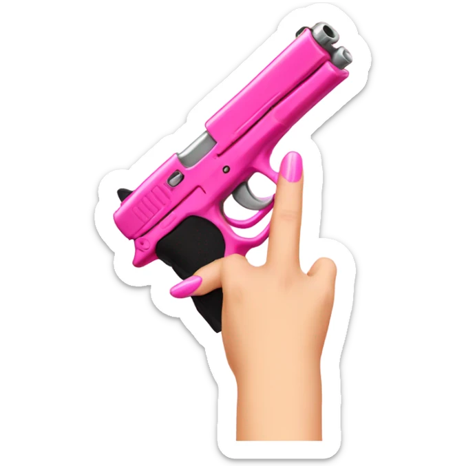 White girl hand with pink nails holding a pink gun sticker