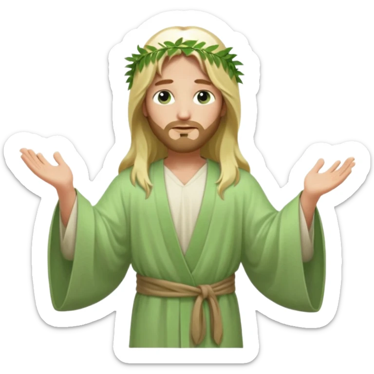 Jesus, green eyes, long blonde hair, light green wide, flowing outer robe. opening arms, gazing thoughtfully. Soft light, subtle fern. Waist-up, profile. sticker