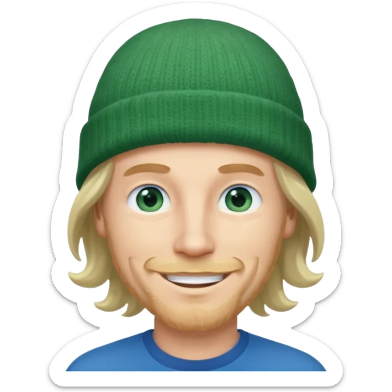 white man, mid thirties, blue eyes, mid length wavy hair, green beanie hat sticker