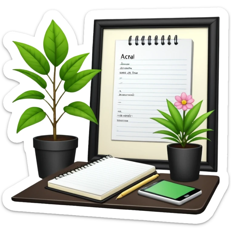 F U E R A    DE    O F I C I N A y detrás un escritorio moderno, con una notebook, una agenda y una planta con una flor sticker