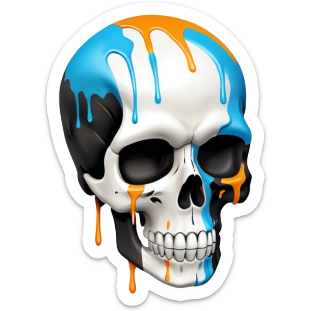 smooth black skull with street art colors and brand logos painted within the skull's surface, minimal paint drips that don't extend past skull outline, angled view sticker