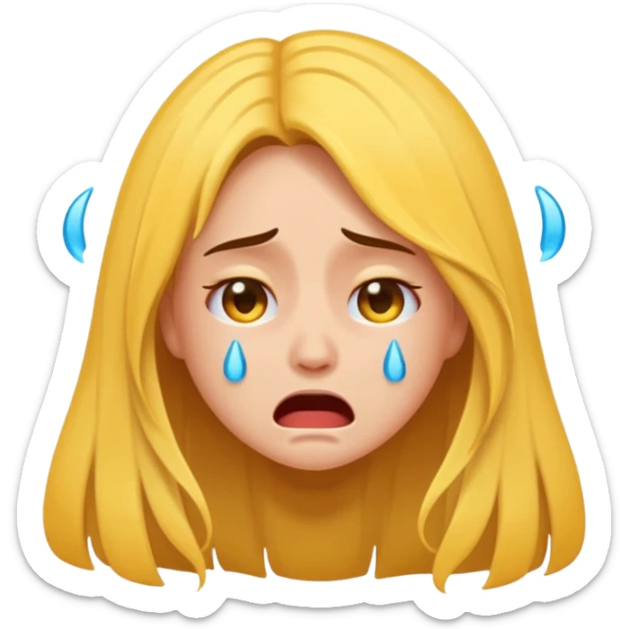 Emoji girl crying hard, tears streaming, pulling out and ripping her long hair, exaggerated expression, flat 2D vector, transparent background” sticker