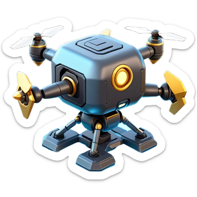 Clash of Clans aesthetic: Cinematic Playful 3D Isometric Robot Drone Emoji, rendered in a 3D vector-style similar to standard emojis with minimal shading and bold, simplified shapes. A compact, distinct form with signature details, softly glowing with a futuristic sci-fi warfare charm. Simplified yet unmistakably iconic, highly detailed and consistent, glowing with a soft radiance and high shine. Stylized with a touch of high-tech brilliance and a soft glowing outline, capturing the essence of a beloved gaming relic with a friendly, playful manner! sticker