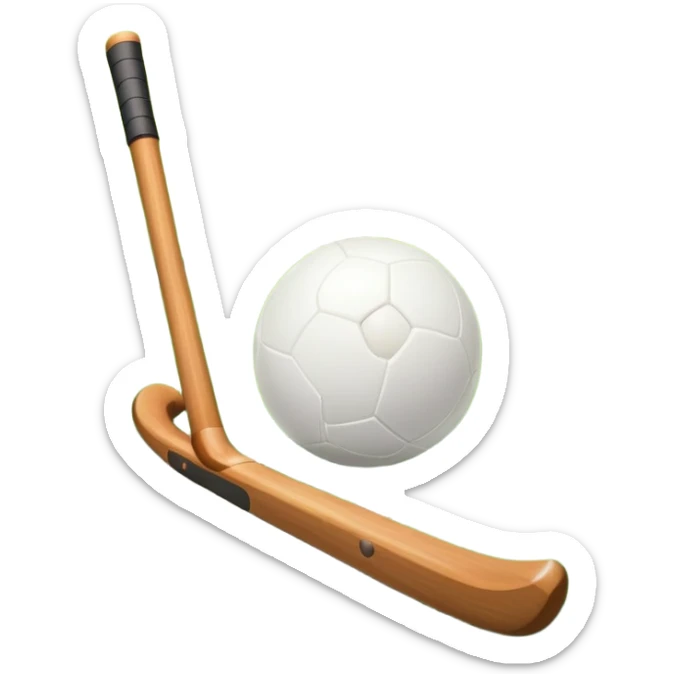 field hockey stick and ball on green grass field with goalposts in background sticker