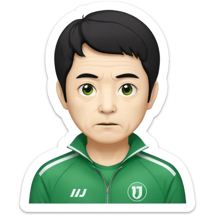 Seong Gi-hun : age 70, skinny and bony face, very small mouth, thick eyebrows deep eyes, unkempt black hair , Green player tracksuit. sticker