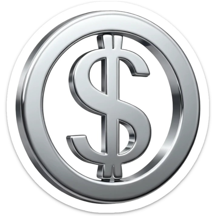 A double dollar sign emoji made of polished silver chrome, smooth metallic surface, glossy reflections, luxury swag vibe, minimal iOS emoji style, centered on white background sticker