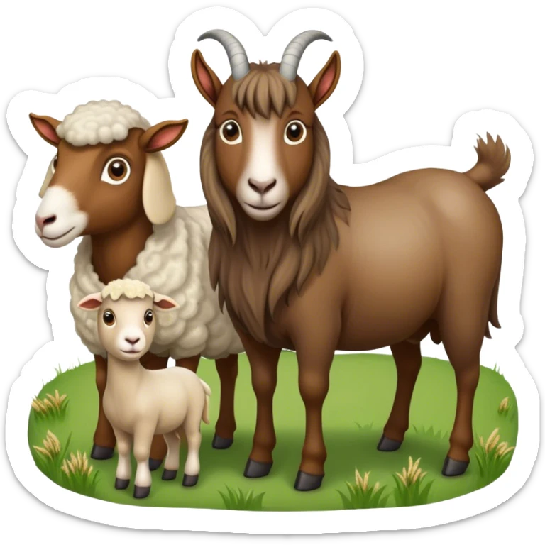 Icon for Domestic Hooved Animals: A gentle collage featuring a brown goat with large, curious eyes, a calm sheep with soft wool, and a majestic horse with a flowing mane. Background with a green pasture and a few hay bales. Transparent background. sticker