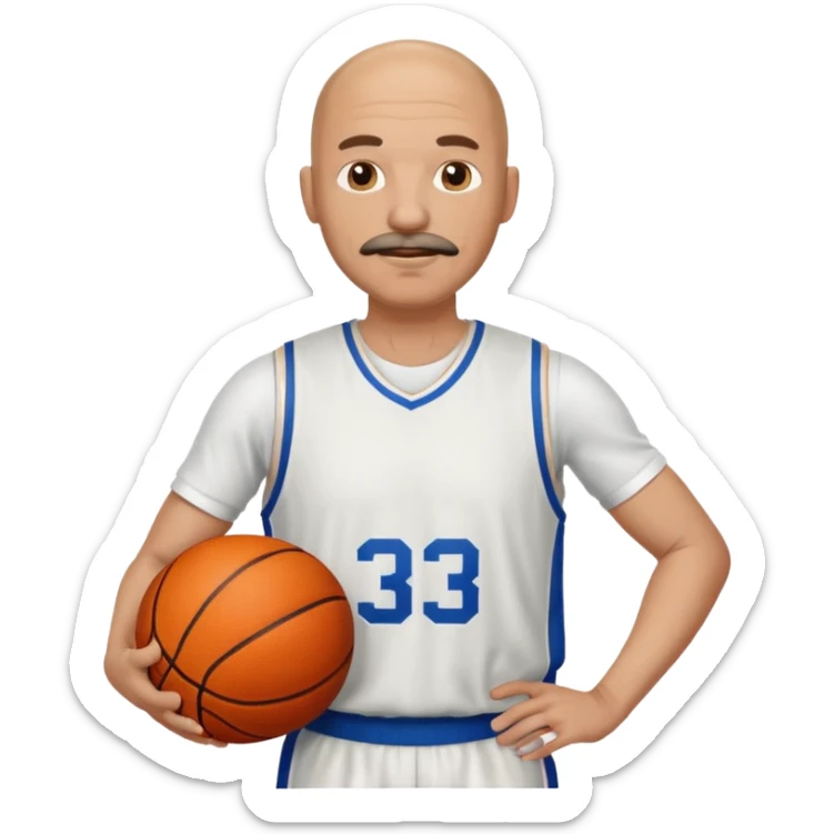 bald man basketball player white jersey with mustache holding basket ball sticker