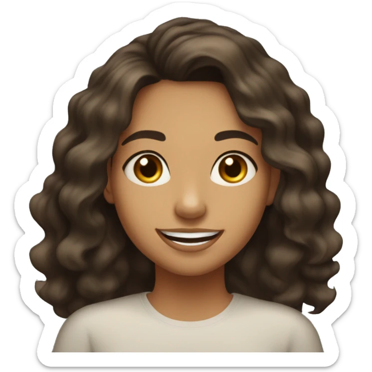 22-year-old woman. Girl with really really dark brown shoulder-length beach waves. REALLY Dark brown eyes with a HUGE OPTIMISTIC SMILE no teeth." Olive SKIN  sticker