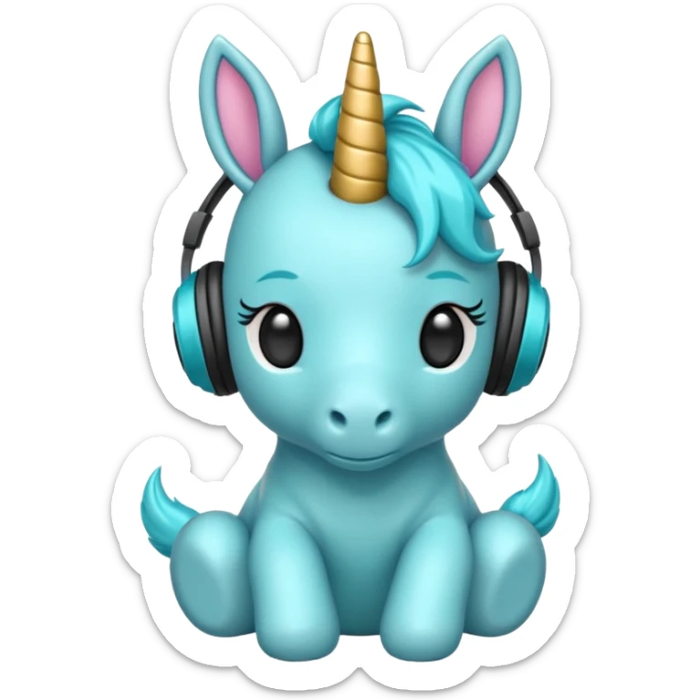 Unicornio bebé cyan sentado escuchando música con auriculares negros sticker