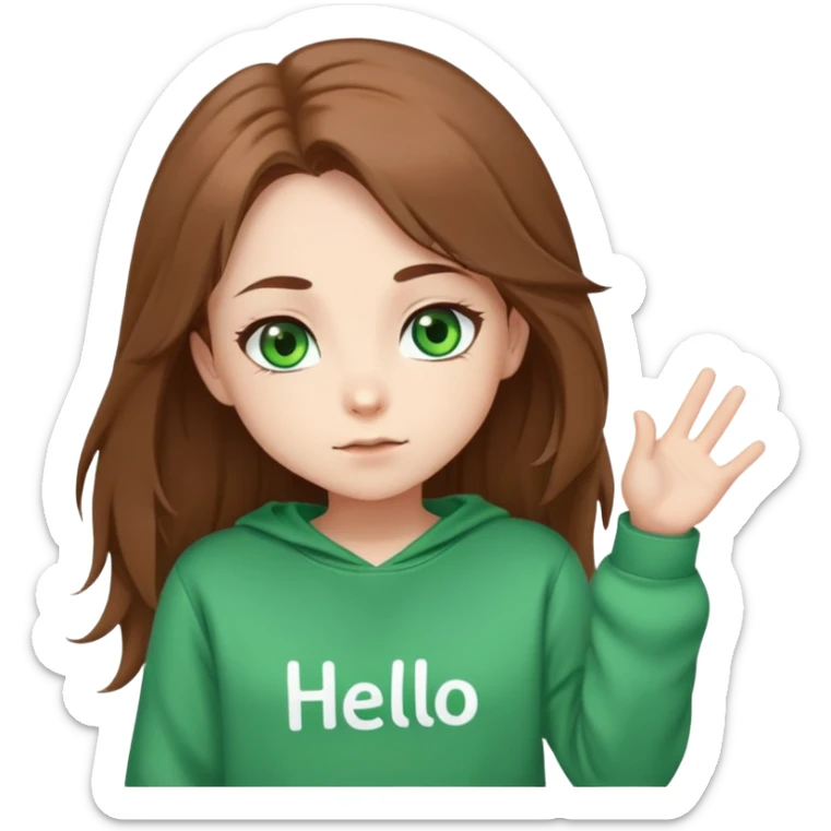 Chibi girl with green eyes, long brown unruly hair, S-With shaped eyebrows. Dressed in a sweatshirt. Says hello.  sticker