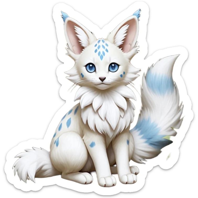 Albino-white, blue-eyed soft natural realistic romantic vintage antique divine beautiful elegant pretty precious cute young youthful  Fakémon-Pokémon-feline-Zeraora-Jolteon-serval-caracal-chinchilla-Minccino-Cinccino-Meowstic-rodent-hybrid-creature with a big fluffy bushy tail (full body) sticker