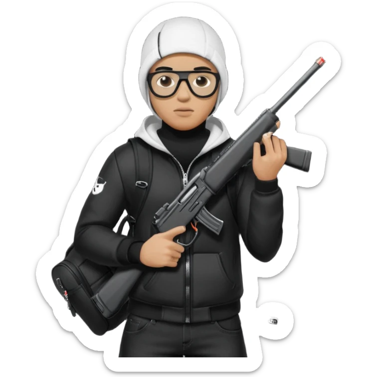 YN wearing a ski mask, holding a gun, all black fit, black jeans, Sprayground bookbag, confident stance with glasses sticker