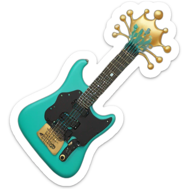 Soolking brook ;black affro cut ;turquoise electric guitar;golden crown ;skeletal face sticker