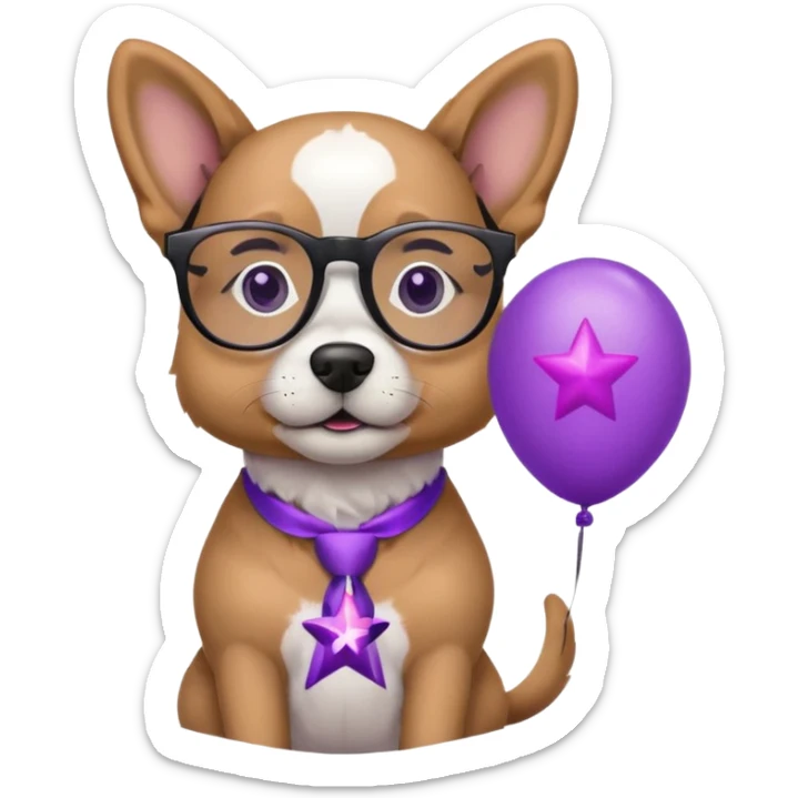 dog holding purple star balloon in hand with black glasses close view  sticker