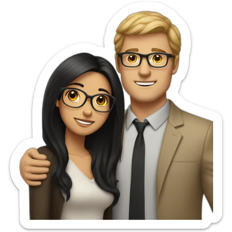 Tall white man brown hair hugging small latina long black hair square glasses sticker