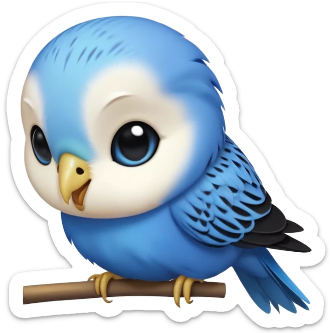 cinematic-cute-blue-budgie-portrait-emoji,-head-tilted-playfully-and-inquisitively,-featuring-a-brilliant-blue-feathered-fur-and white and black face-with-a-natural-sheen,-round,-sparkling-dark-eyes-filled-with-curiosity,-simplified-yet-irresistibly-adorable sticker