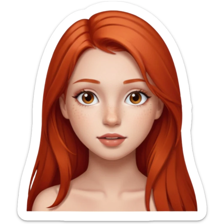 una chica con pose divertida de 18 años con los labios con pintalabios nude y los ojos maquillados, de piel blanca con el pelo liso, largo y pelirrojo, ojos marrones sticker