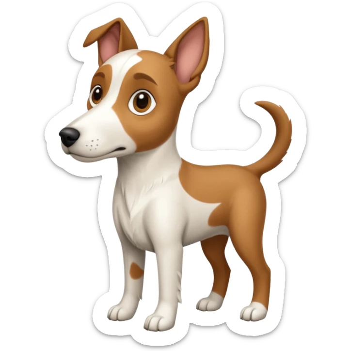 a full body large white floppy eared parson russell looking dog the size of a kelpie with light brown ears and a light brown patch on one eye and a large snout sticker