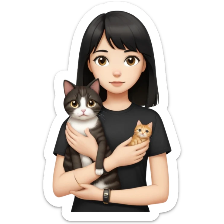 A girl with black long hair and middle-parted bangs, wearing a black short-sleeved shirt, a brown bracelet on her right wrist, white skin, holding a tabby cat, the cat is standing upright sticker