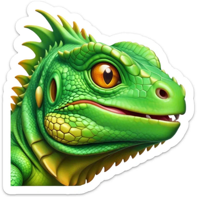 Cinematic Realistic Cute Iguana Portrait Emoji, Head tilted playfully and inquisitively, featuring a compact, agile build with a glossy, intricately scaled body in vivid green hues and a characteristically expressive face with bright, curious amber eyes, rendered in lifelike detail with natural highlights, high shine, affectionate and lively, styled with a touch of tropical whimsy, soft glowing outline, capturing the essence of a mischievous yet lovable iguana that seems poised to scurry out of the screen into your arms! sticker