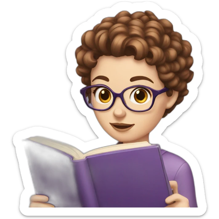 white girl with really short brown curly hair reading a purple book sticker
