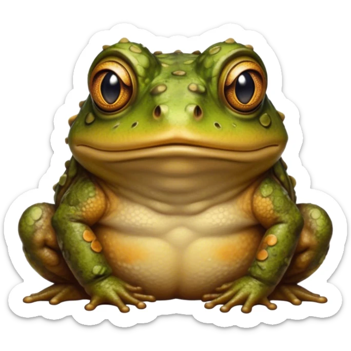 Cinematic Noble Toad Portrait Emoji, Poised and earthy, with a stout, robust build covered in textured, warty skin in warm, natural tones and deep, observant eyes, Simplified yet sharp and sophisticated features, highly detailed, glowing with a soft, natural mossy glow, high shine, intelligent and grounded, stylized with an air of rustic authority, focused and steady, soft glowing outline, capturing the essence of a watchful amphibian guardian that appears ready to leap out of the screen with effortless command! sticker