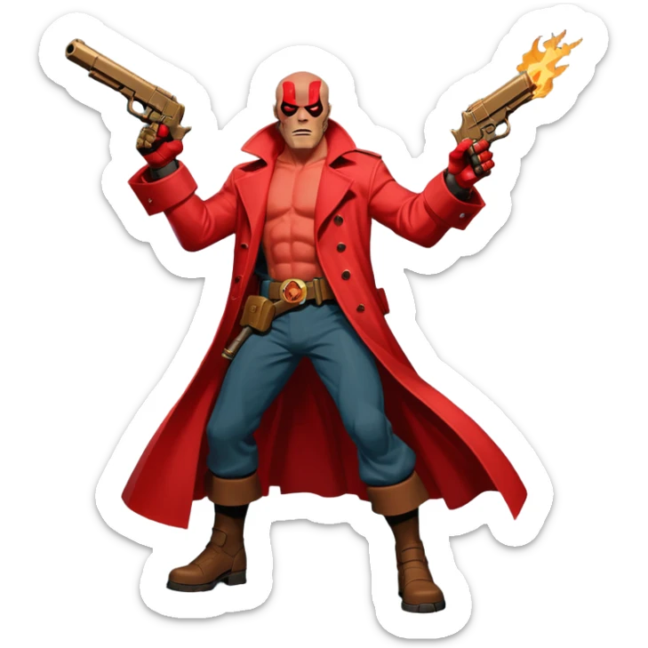 cinematic realistic superhero Hellboy by Mike Mignola jumps and shoots with a bronze pistol sticker