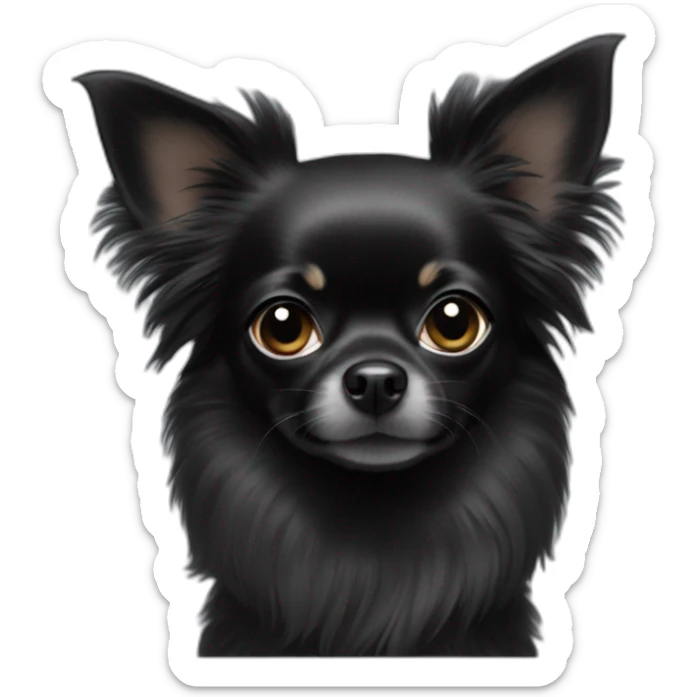 A only black Chihuahua with long earhairs an a fluffy tail and a white chest  sticker