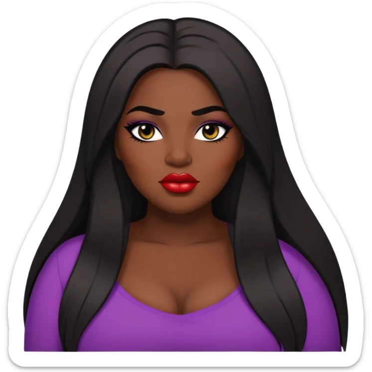 big plus size, dark skin, straight long hair, baddie,pretty lips, makeup, black eyeliner, long hair sticker