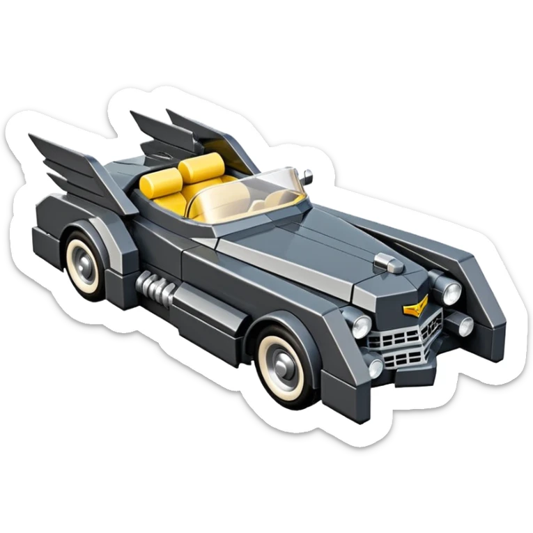  the animated series aerodynamic opulent dark futuristic concept Batmobile loosely based on 1956 V16 Cadillac roadster Lego (flat long straight faceted mechanical body) winged stealthy street hot rod  sticker