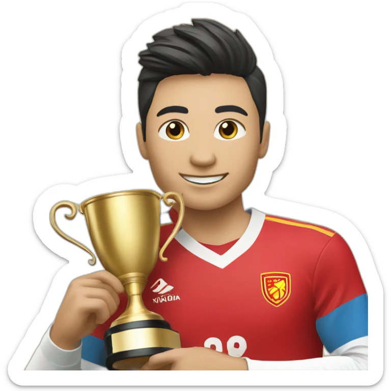 Soccer's player from kyrgyzstan holds the world championship cup sticker