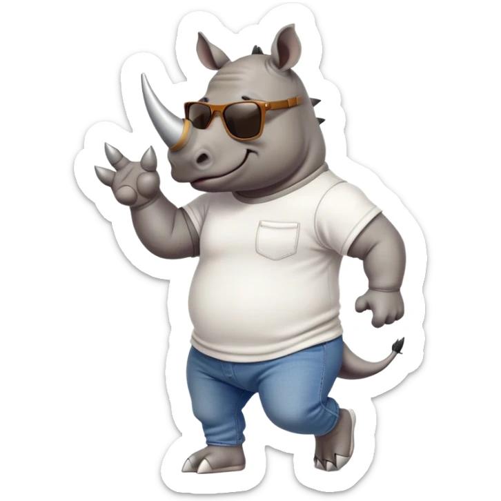 friendly anthropomorphised rhino in jeans and t-shirt, wearing dark sunglasses, jogging upright, relaxed pose sticker