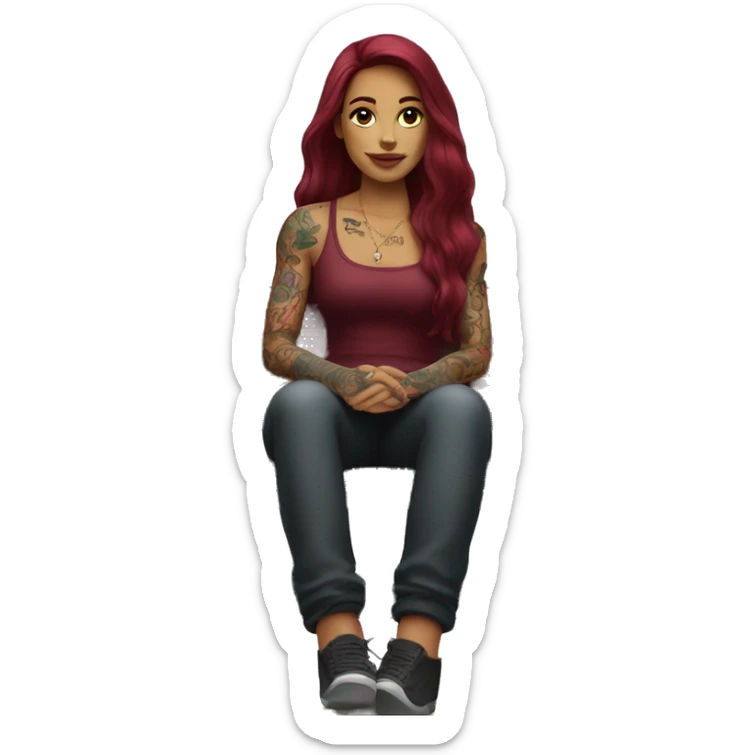 Beautiful tattooed burgundy long haired woman sitting on a bench sticker