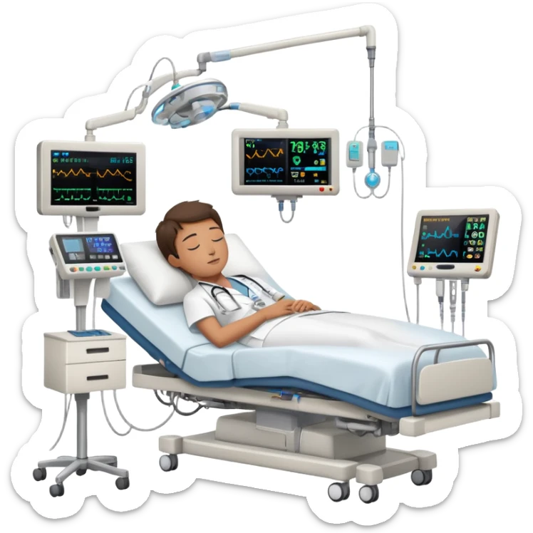 Hospital room with sleep study setup, hospital bed with sleeping patient, doctor in white coat, EEG machine, brain wave monitors, and hospital equipment sticker