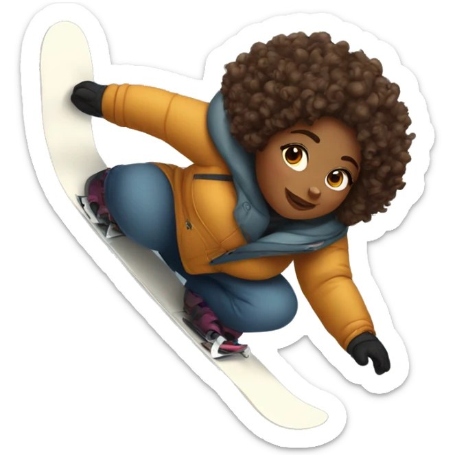 Plus size women with brown skin and curly hair snowboarding  sticker
